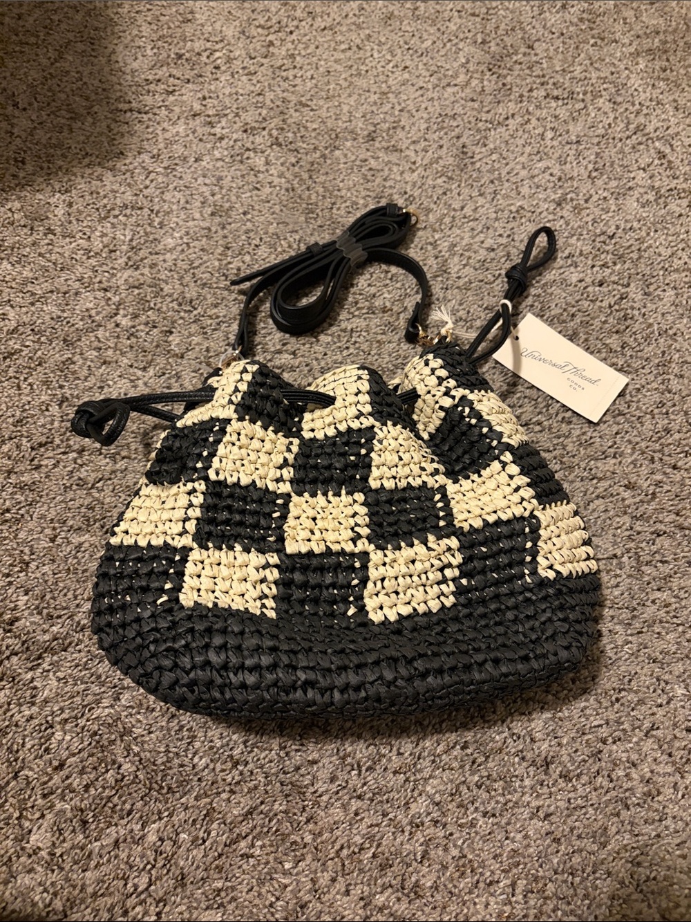 Universal Thread Black & Cream Woven Checker Drawstring Crossbody